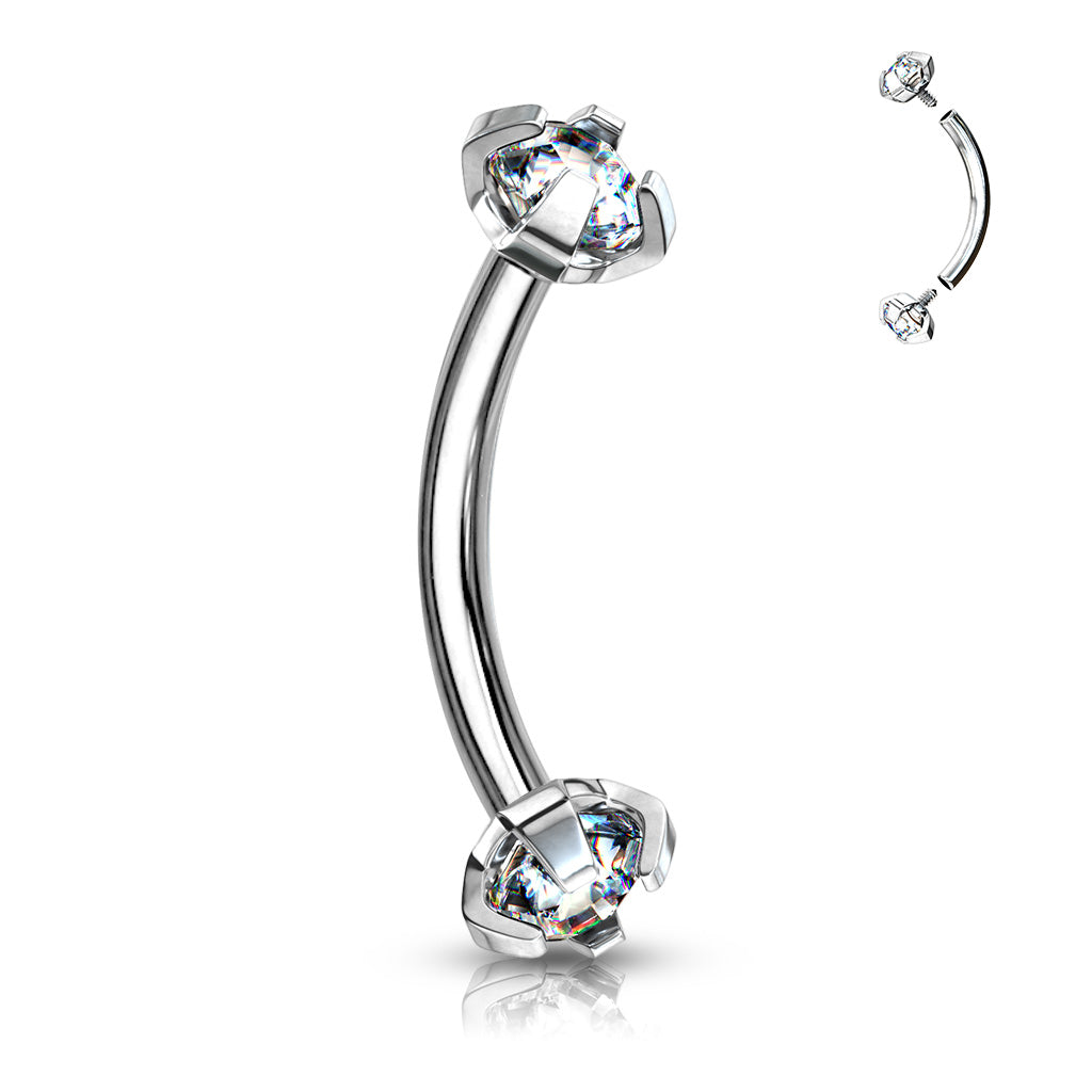 Surgical Steel Silver CZ Prong Curve Bar