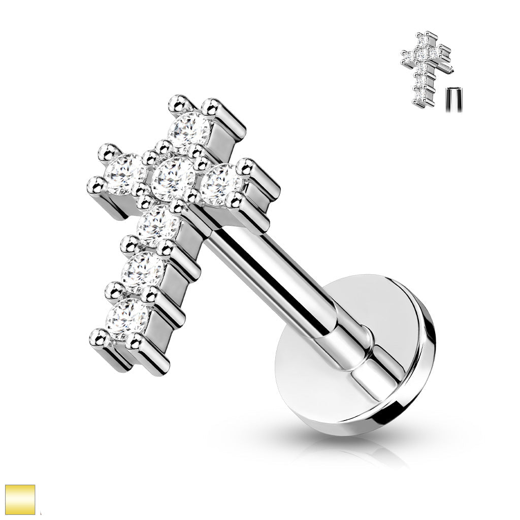 CZ Paved Cross Surgical Steel Labret