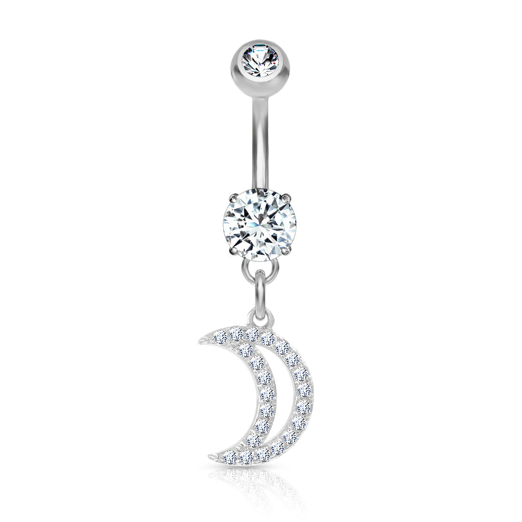 Surgical Steel Belly Bar CZ Paved Crescent Moon