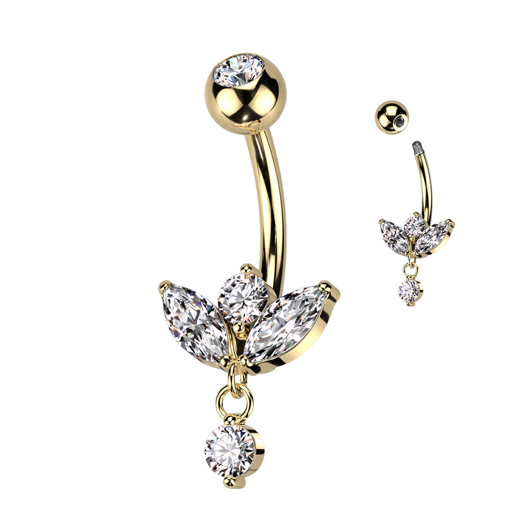Surgical Steel Belly Bar Marquise CZ with Small CZ Dangle