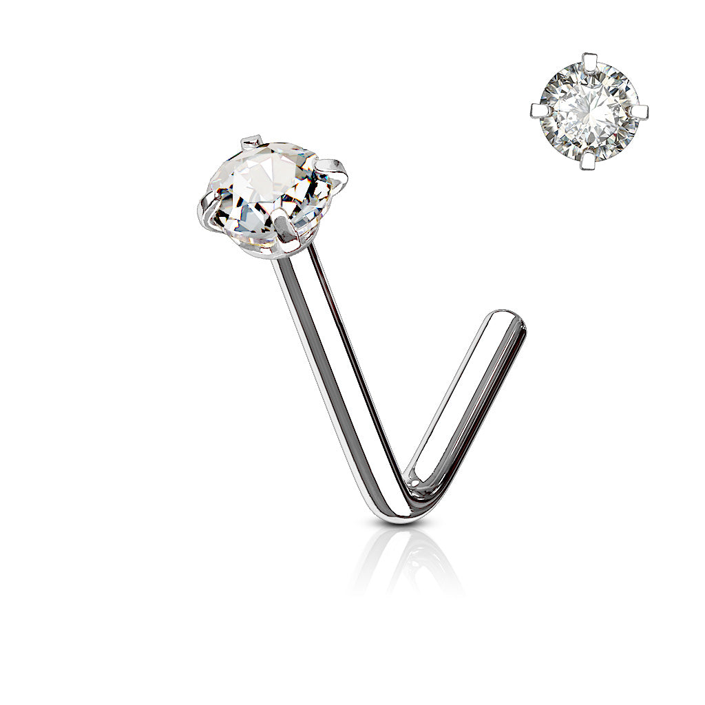 Prong Set Round CZ Surgical Steel Nose L Bend