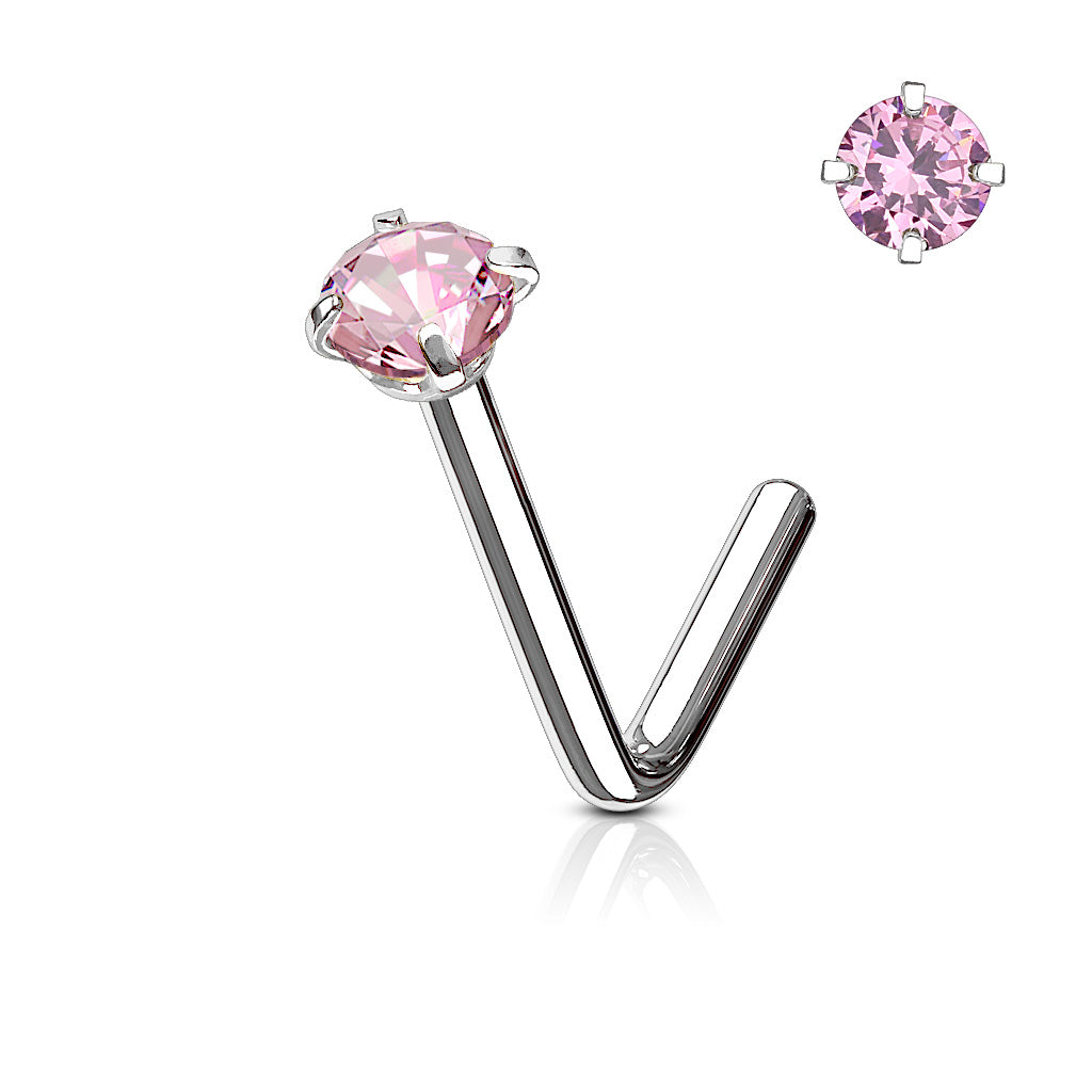 Prong Set Round CZ Surgical Steel Nose L Bend