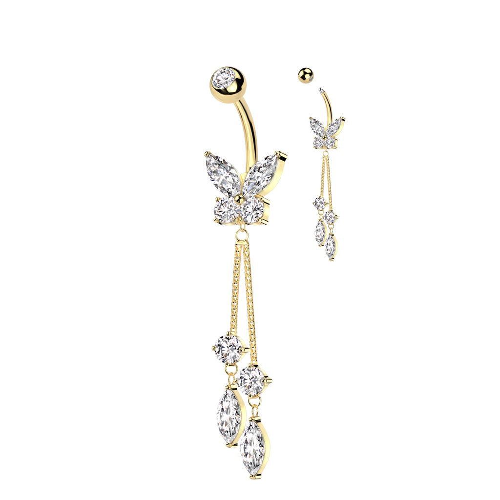 Surgical Steel Belly Bar Butterfly with CZ Dangle