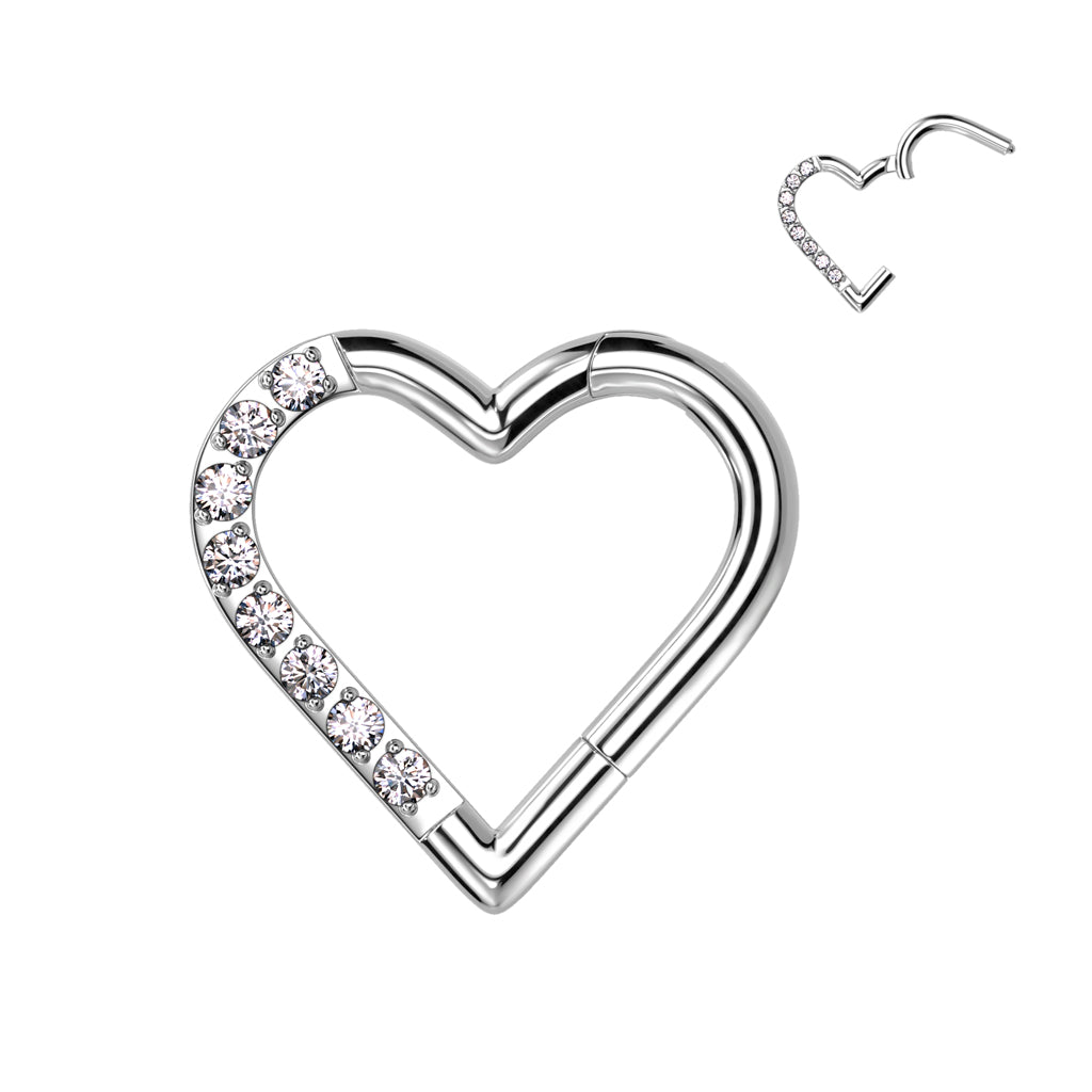 Surgical Steel CZ Heart Hinged Ring