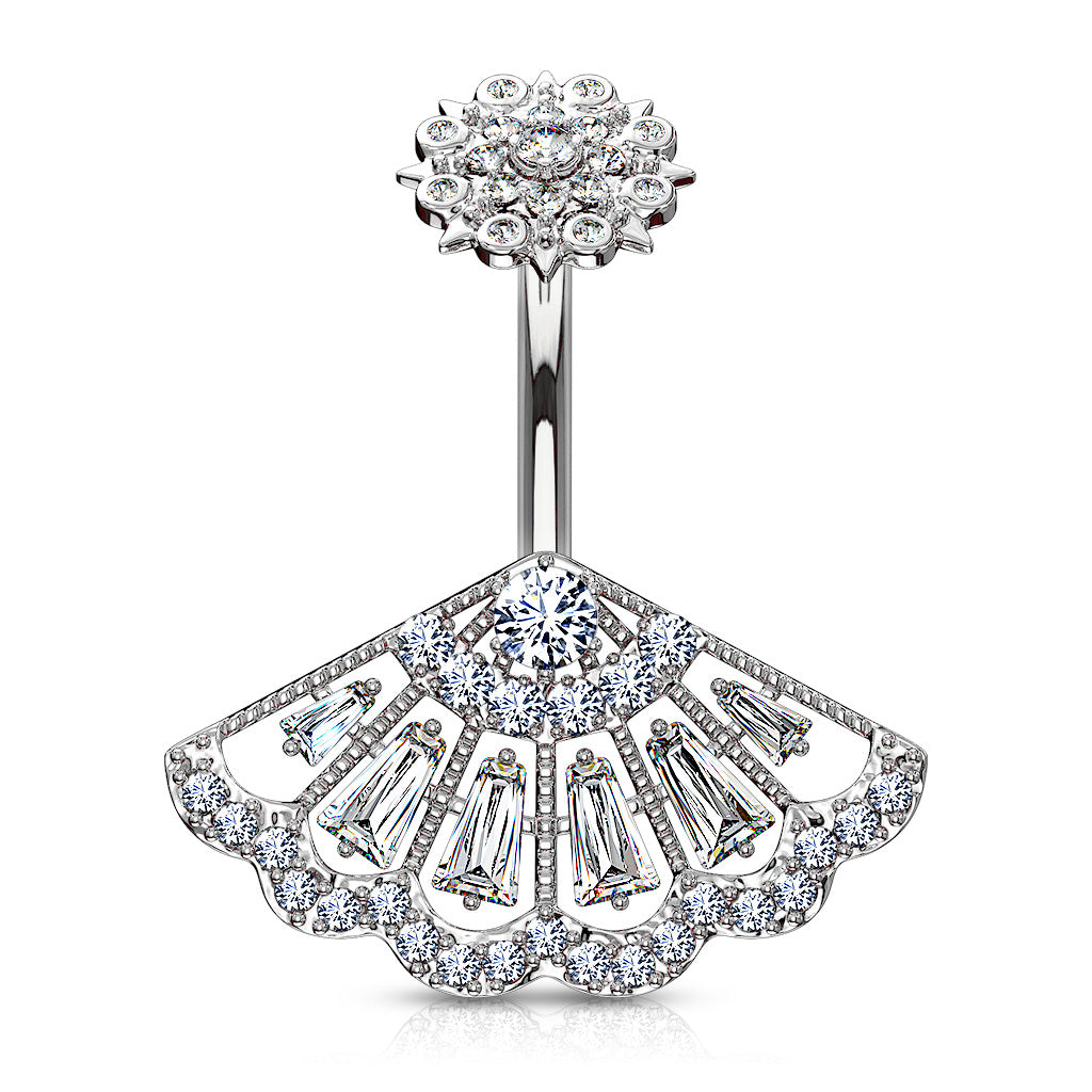 CZ Paved Vintage Fan Navel Bar - P15