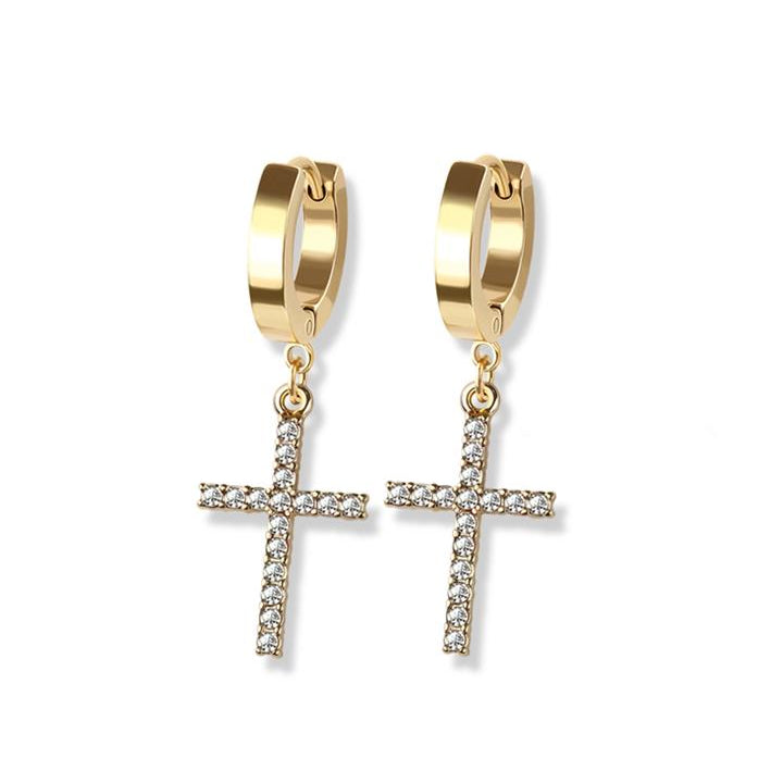 Stainless Steel Hoop - CZ Paved Cross Dangle