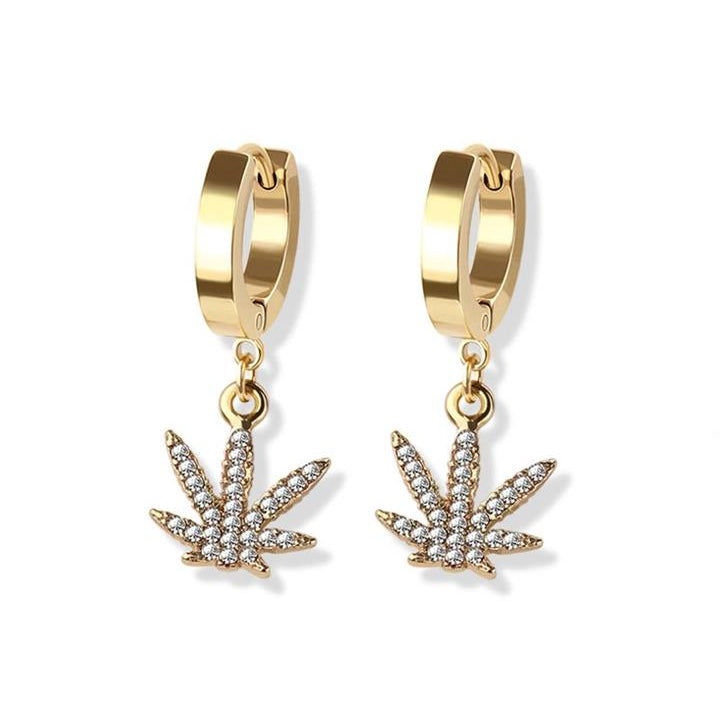 Stainless Steel Hoop - CZ Marijuana Dangle