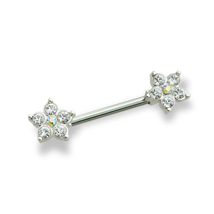 Surgical Steel Nipple Bar CZ Flower Ends