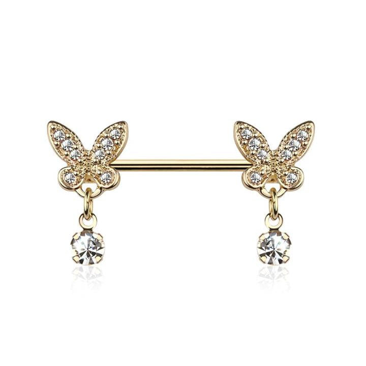 Surgical Steel Nipple Bar CZ Drop Butterfly