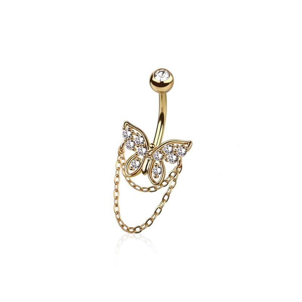 Surgical Steel Belly Bar CZ Butterfly Chain