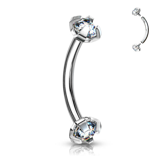 Surgical Steel Silver CZ Prong Curve Bar