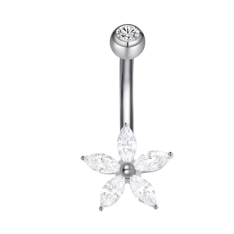 Titanium Belly Bar 5 CZ Flower