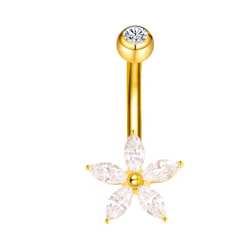 Titanium Belly Bar 5 CZ Flower