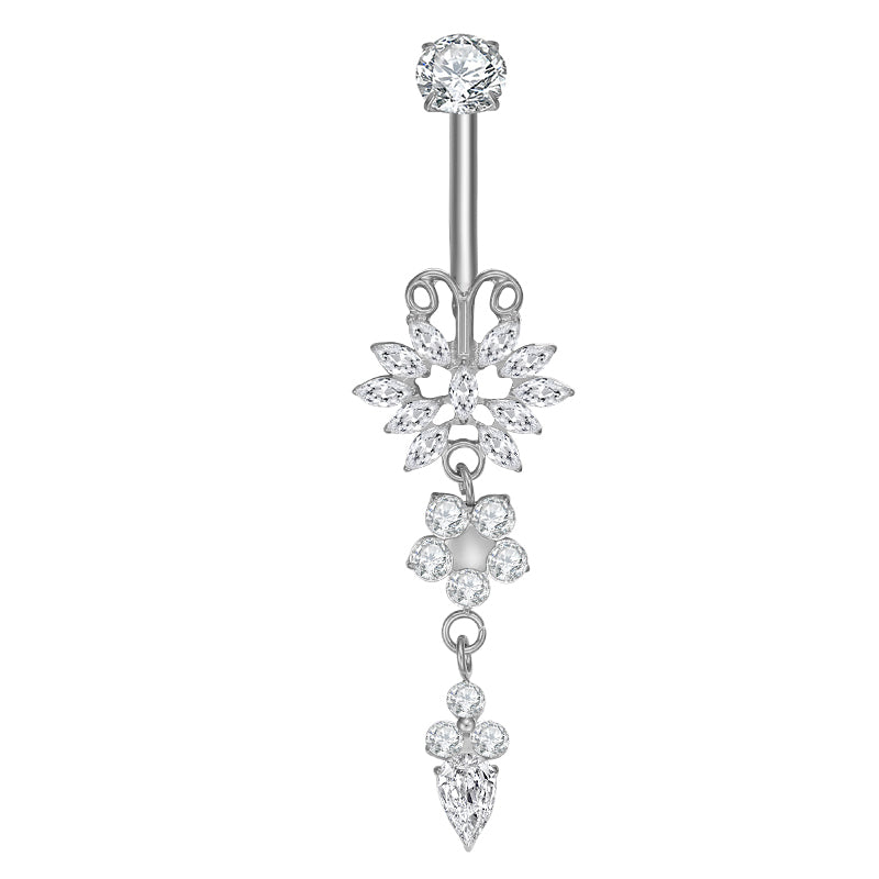 Titanium Belly Bar Internally Threaded Butterfly Flower Dangle