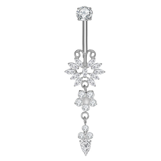 Titanium Belly Bar Internally Threaded Butterfly Flower Dangle