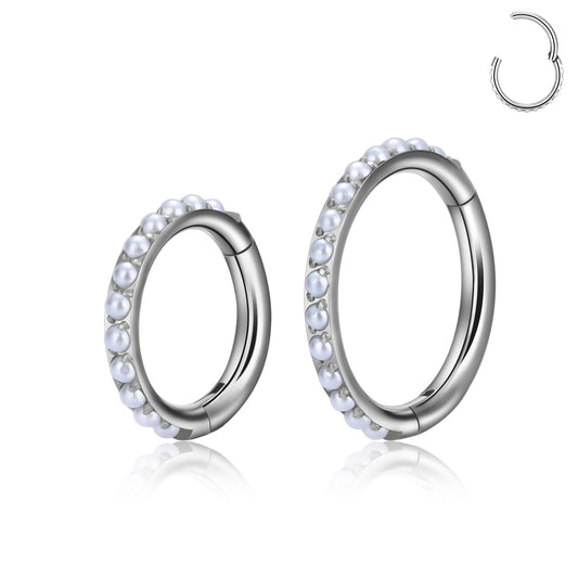 Side Facing Pearl Paved Titanium Hinged Ring