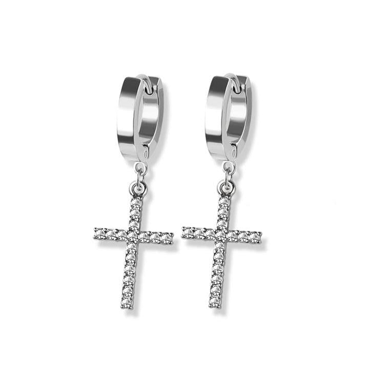 Stainless Steel Hoop - CZ Paved Cross Dangle