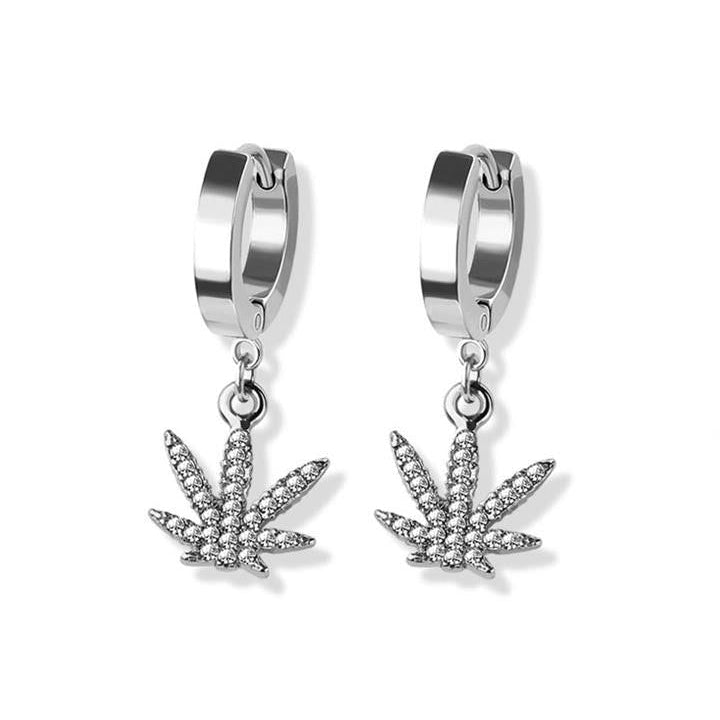 Stainless Steel Hoop - CZ Marijuana Dangle