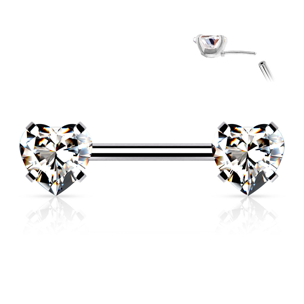 Surgical Steel Threadless Nipple Bar CZ Heart Ends