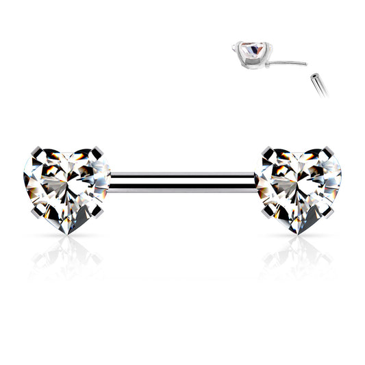 Surgical Steel Threadless Nipple Bar CZ Heart Ends