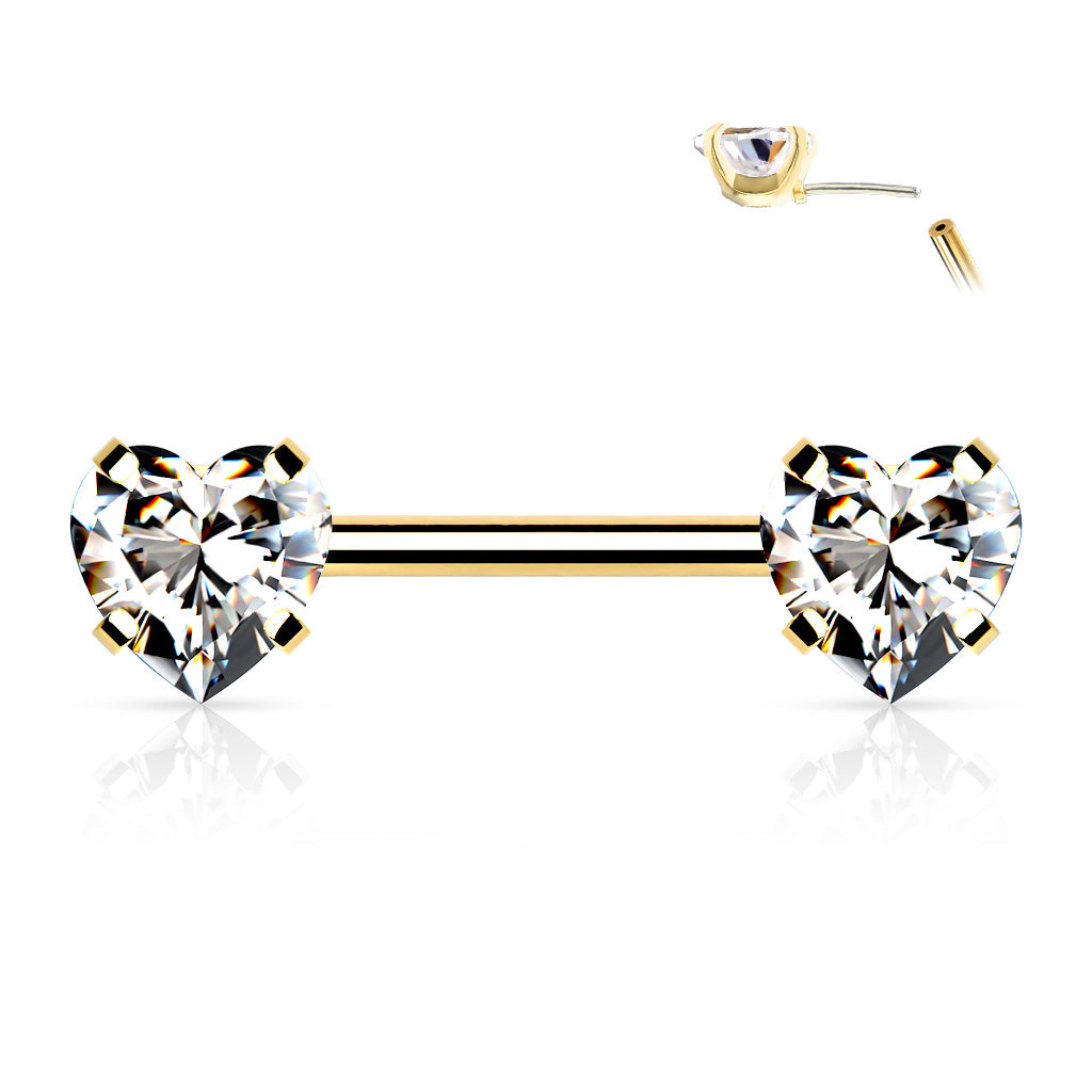 Surgical Steel Threadless Nipple Bar CZ Heart Ends