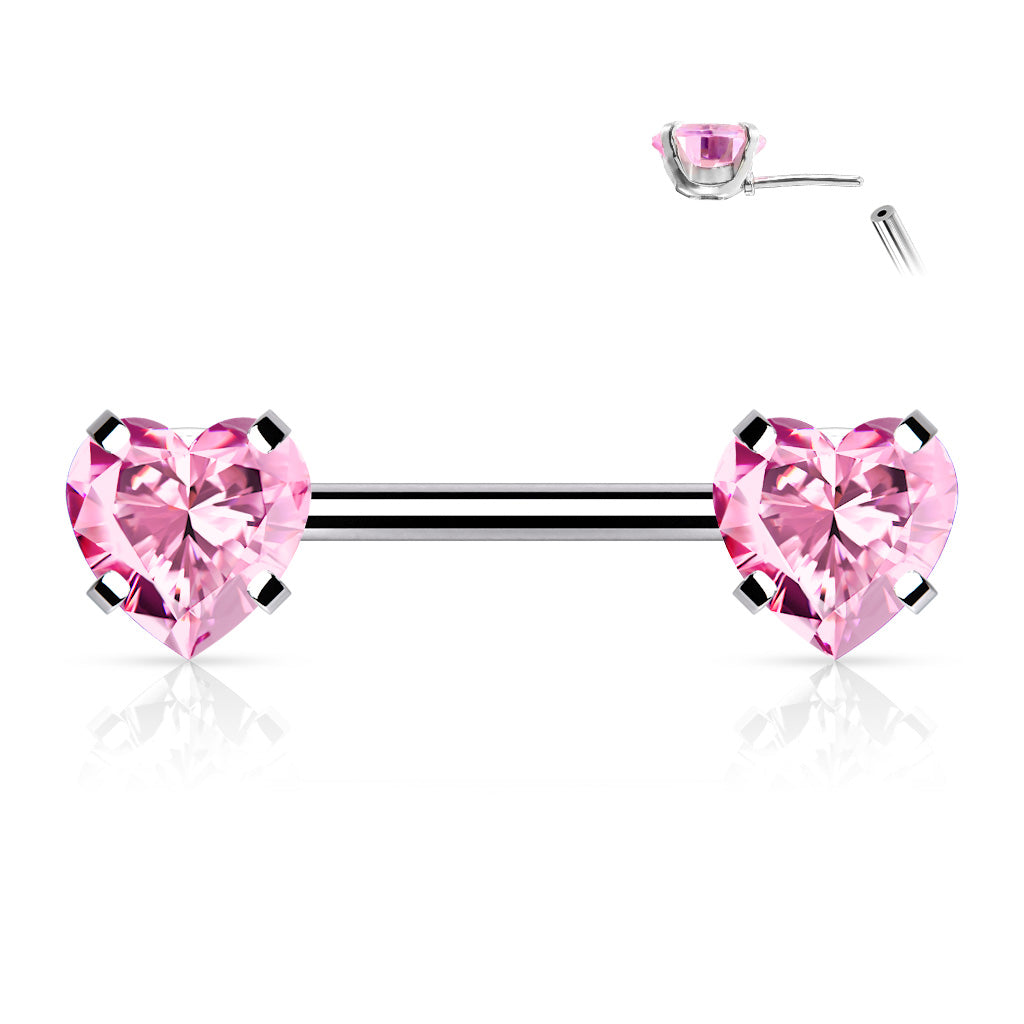 Surgical Steel Threadless Nipple Bar CZ Heart Ends