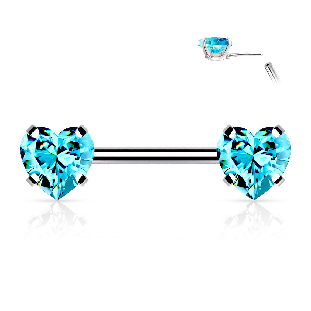 Surgical Steel Threadless Nipple Bar CZ Heart Ends