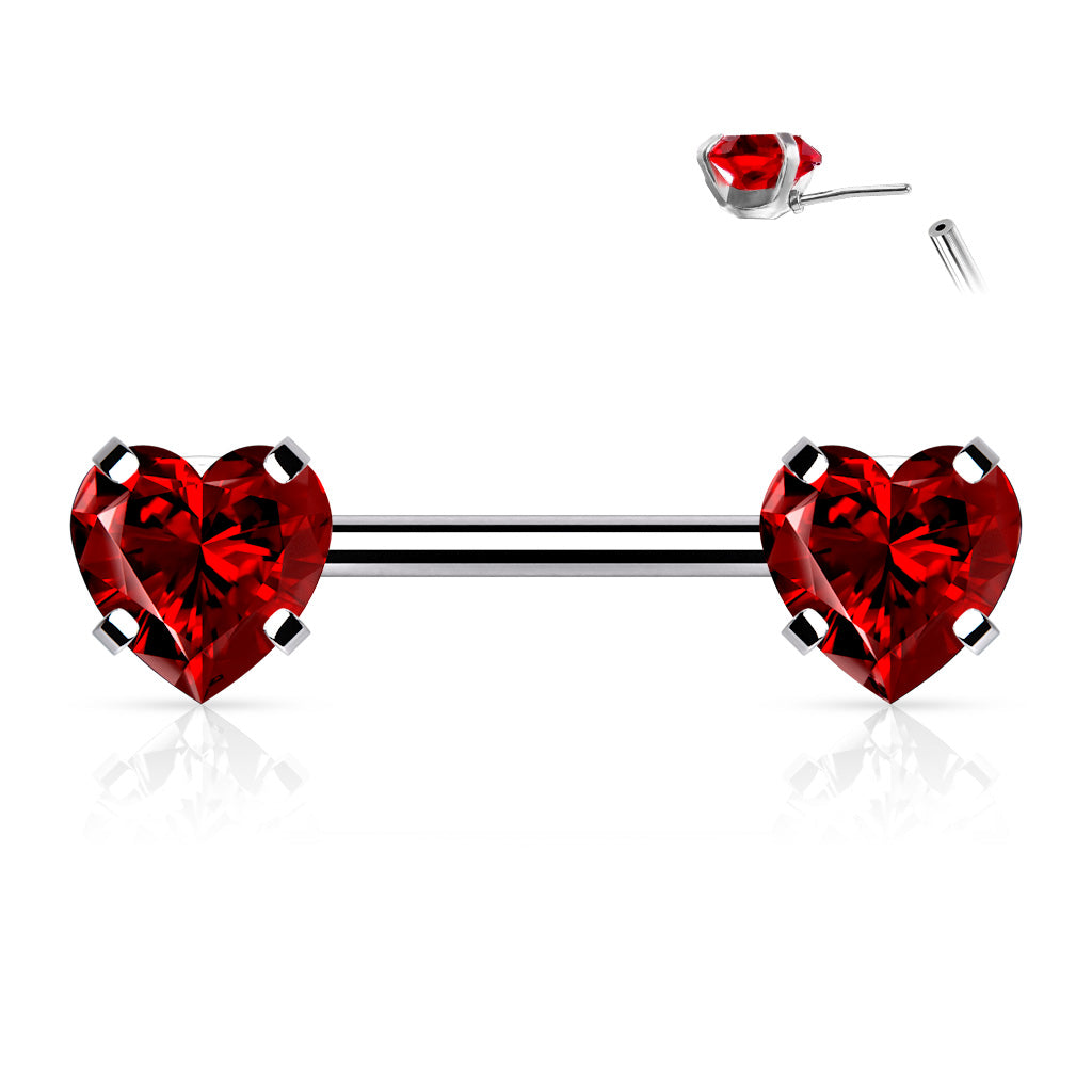 Surgical Steel Threadless Nipple Bar CZ Heart Ends