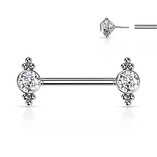 Surgical Steel Threadless Nipple Bar CZ Ends with Ball Cluster