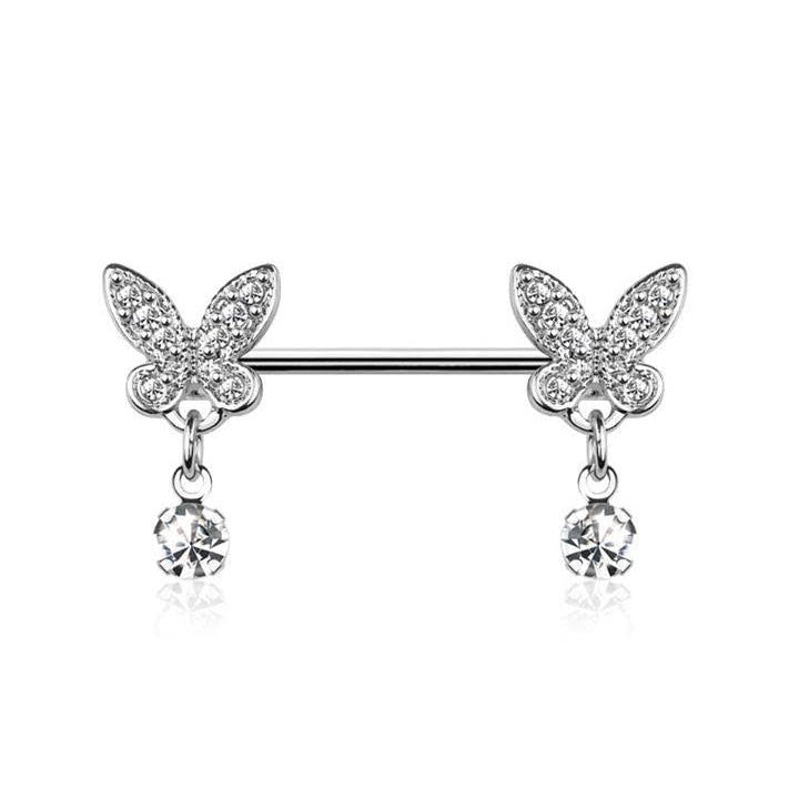 Surgical Steel Nipple Bar CZ Drop Butterfly