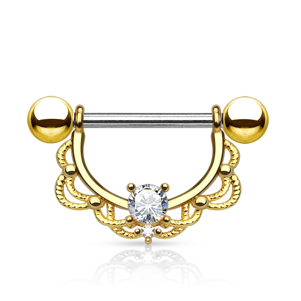 Surgical Steel Nipple Bar CZ Filigree