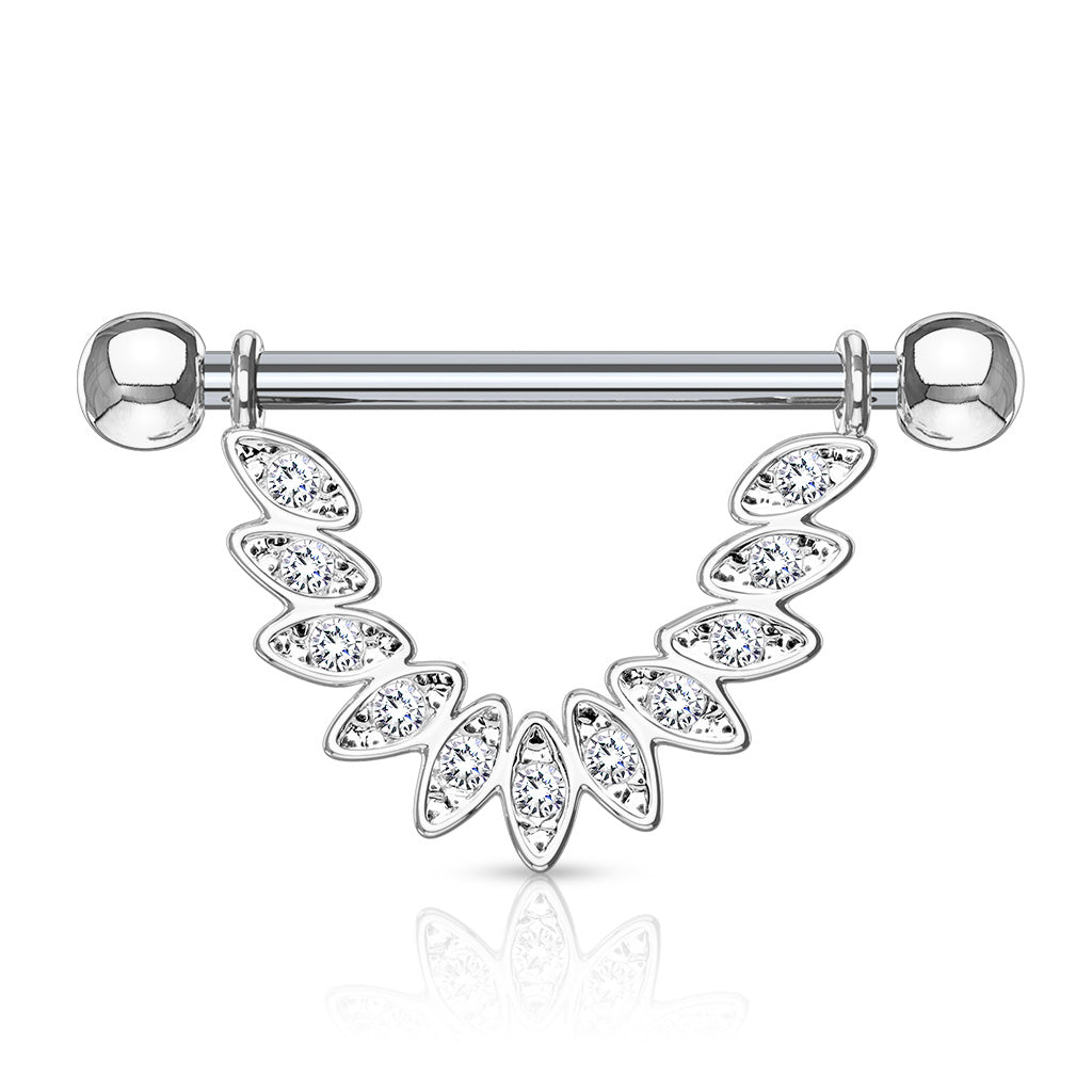 Surgical Steel Nipple Bar CZ Set Linked Feather