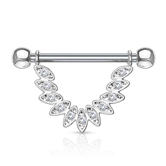 Surgical Steel Nipple Bar CZ Set Linked Feather