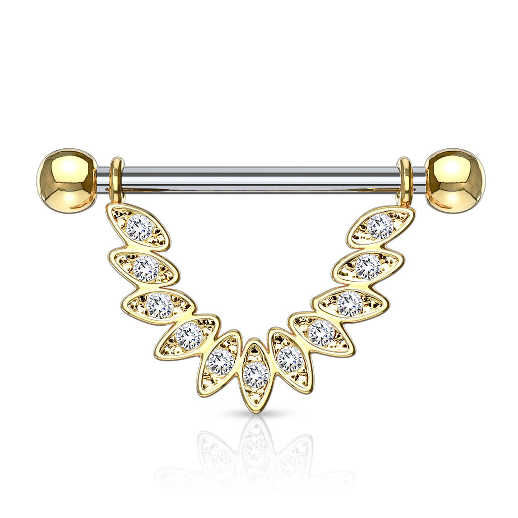Surgical Steel Nipple Bar CZ Set Linked Feather