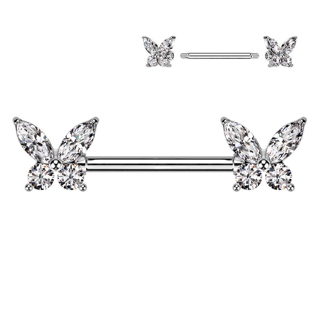 Surgical Steel Nipple Bar CZ Butterfly Ends