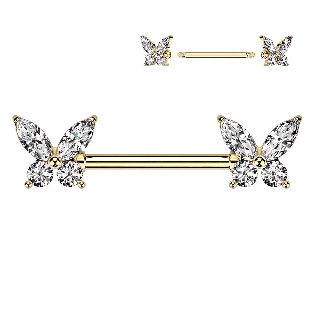Surgical Steel Nipple Bar CZ Butterfly Ends