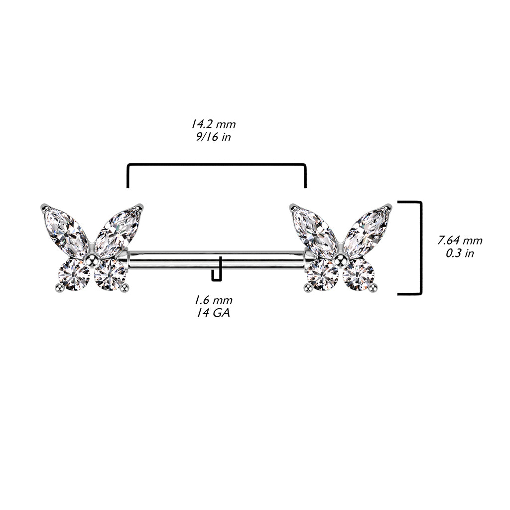 Surgical Steel Nipple Bar CZ Butterfly Ends