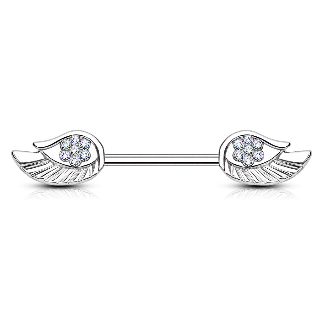 Surgical Steel Nipple Bar Paved CZ Angel Wing Ends