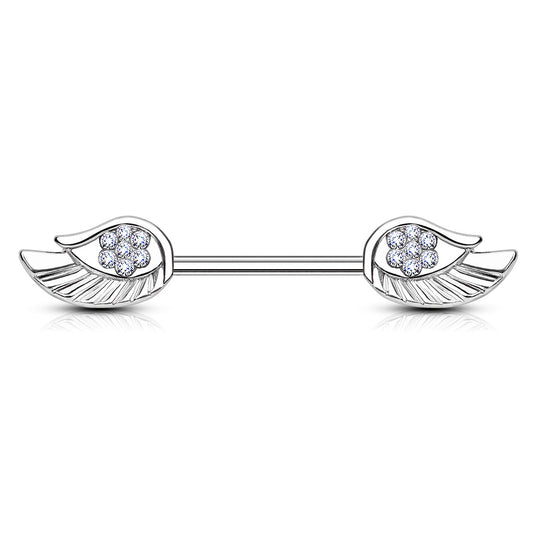 Surgical Steel Nipple Bar Paved CZ Angel Wing Ends
