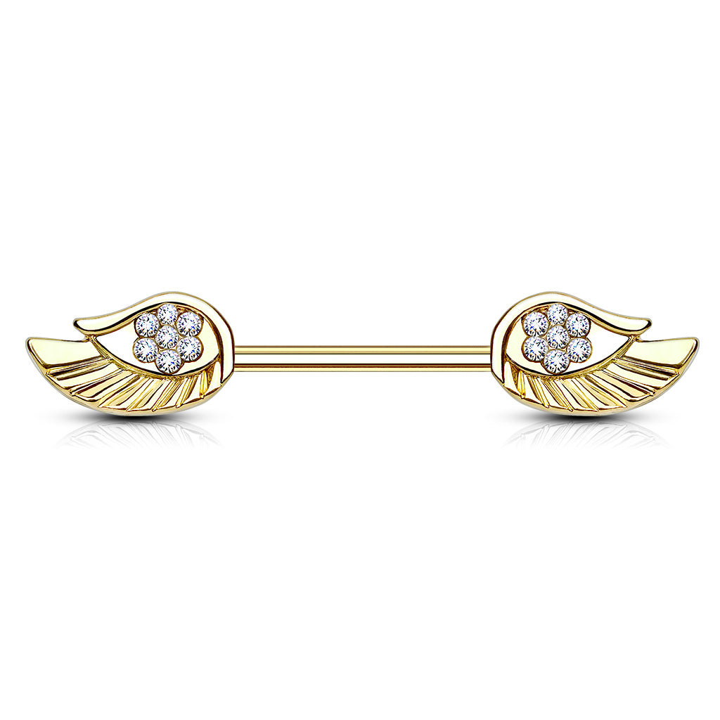 Surgical Steel Nipple Bar Paved CZ Angel Wing Ends