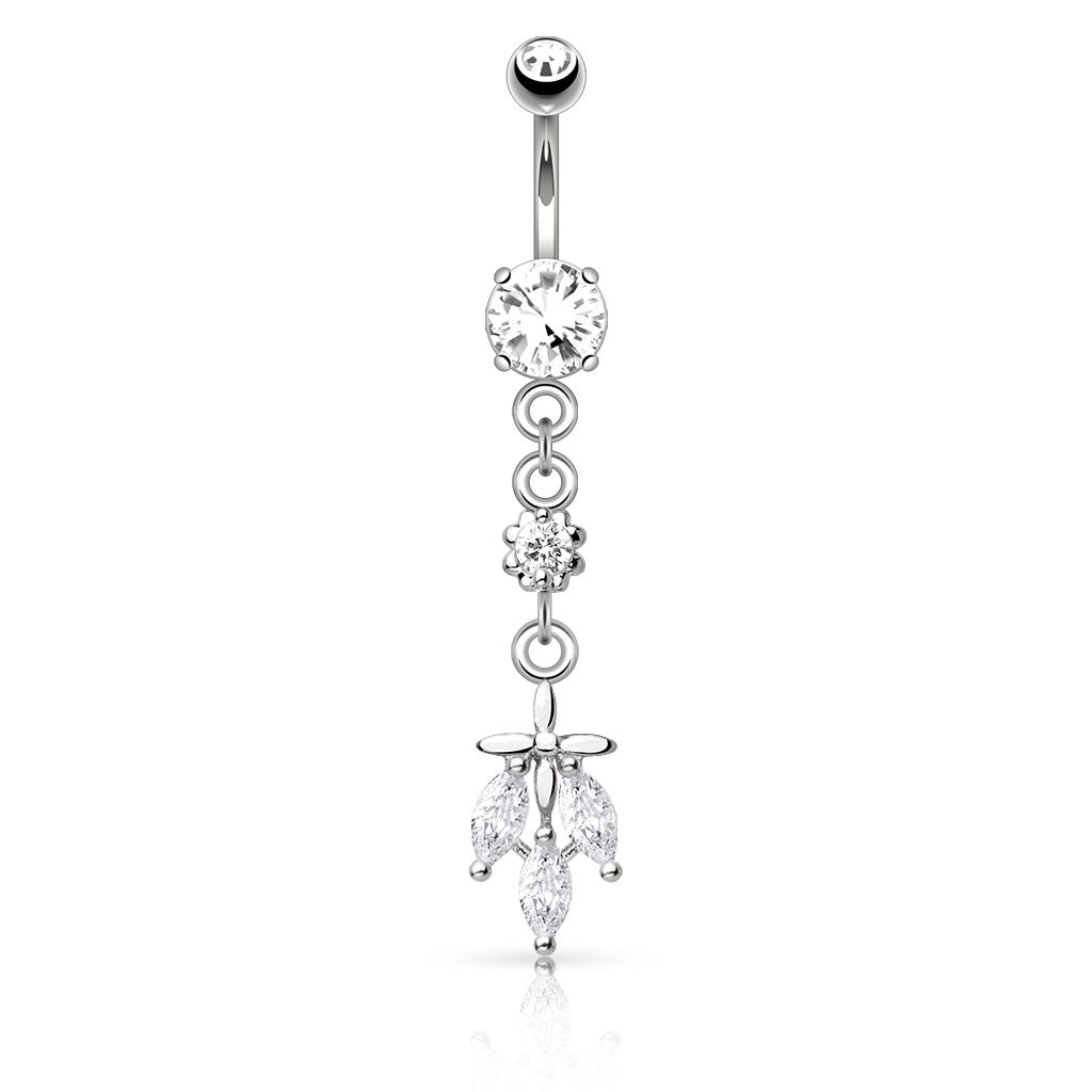 Surgical Steel Belly Bar Triple CZ Falling Leaf Dangle