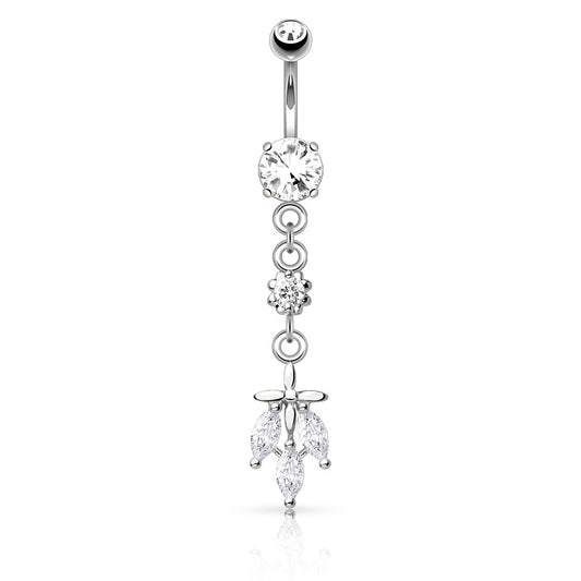 Surgical Steel Belly Bar Triple CZ Falling Leaf Dangle