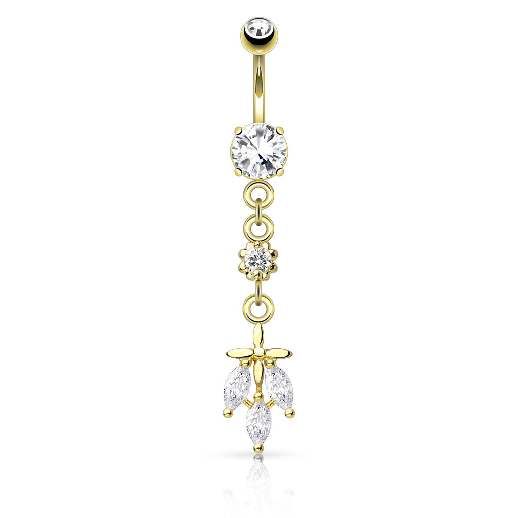 Surgical Steel Belly Bar Triple CZ Falling Leaf Dangle