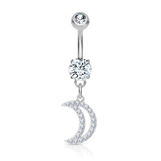 Surgical Steel Belly Bar CZ Paved Crescent Moon