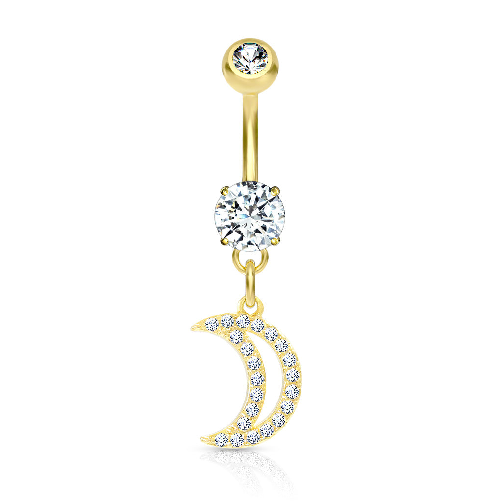 Surgical Steel Belly Bar CZ Paved Crescent Moon