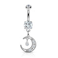 Surgical Steel Belly Bar CZ Paved Crescent Dangle