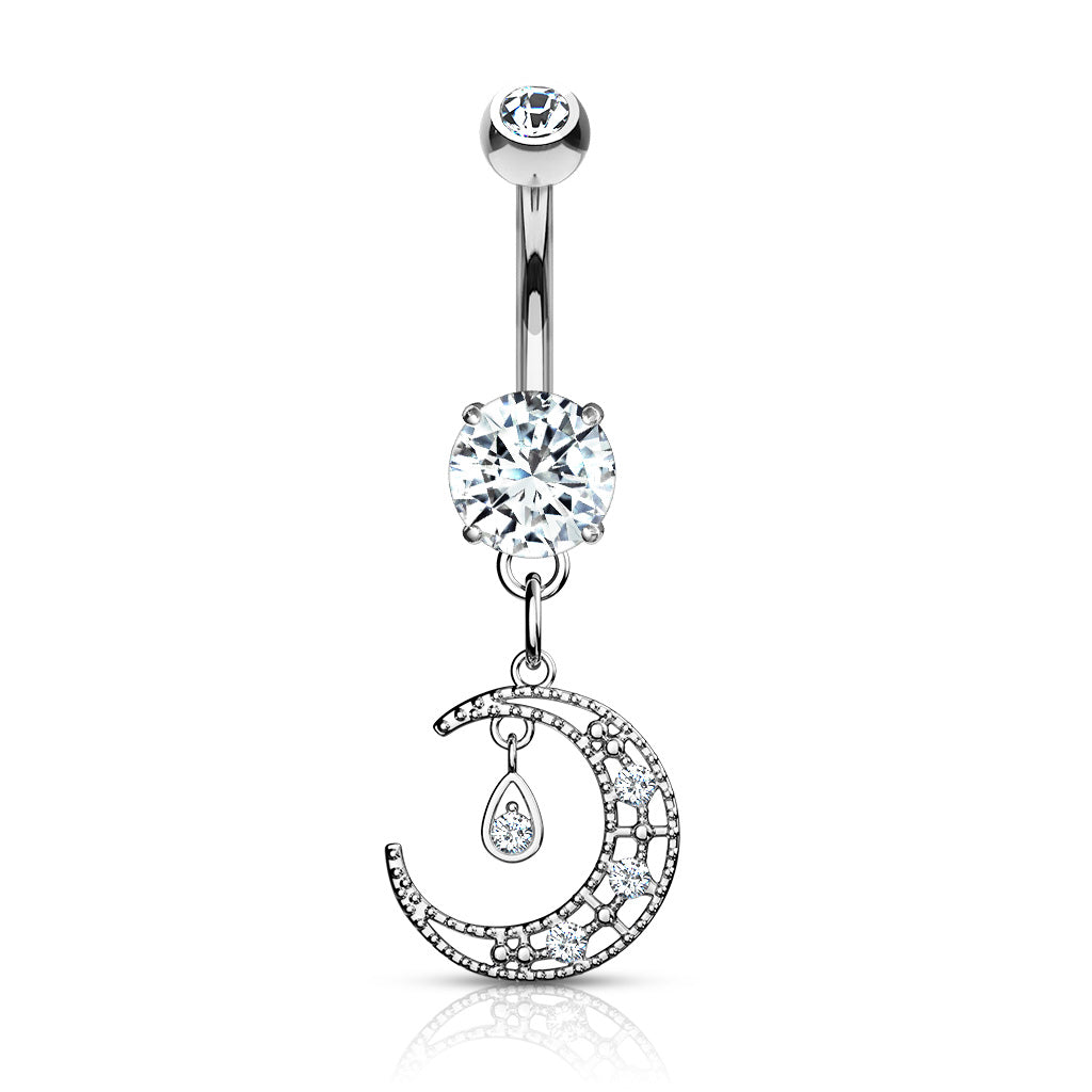 Surgical Steel Belly Bar CZ Paved Crescent Dangle