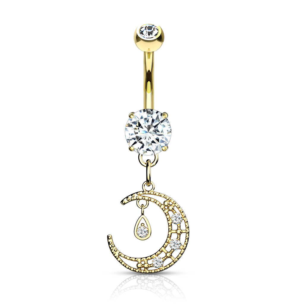 Surgical Steel Belly Bar CZ Paved Crescent Dangle