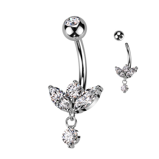 Surgical Steel Belly Bar Marquise CZ with Small CZ Dangle