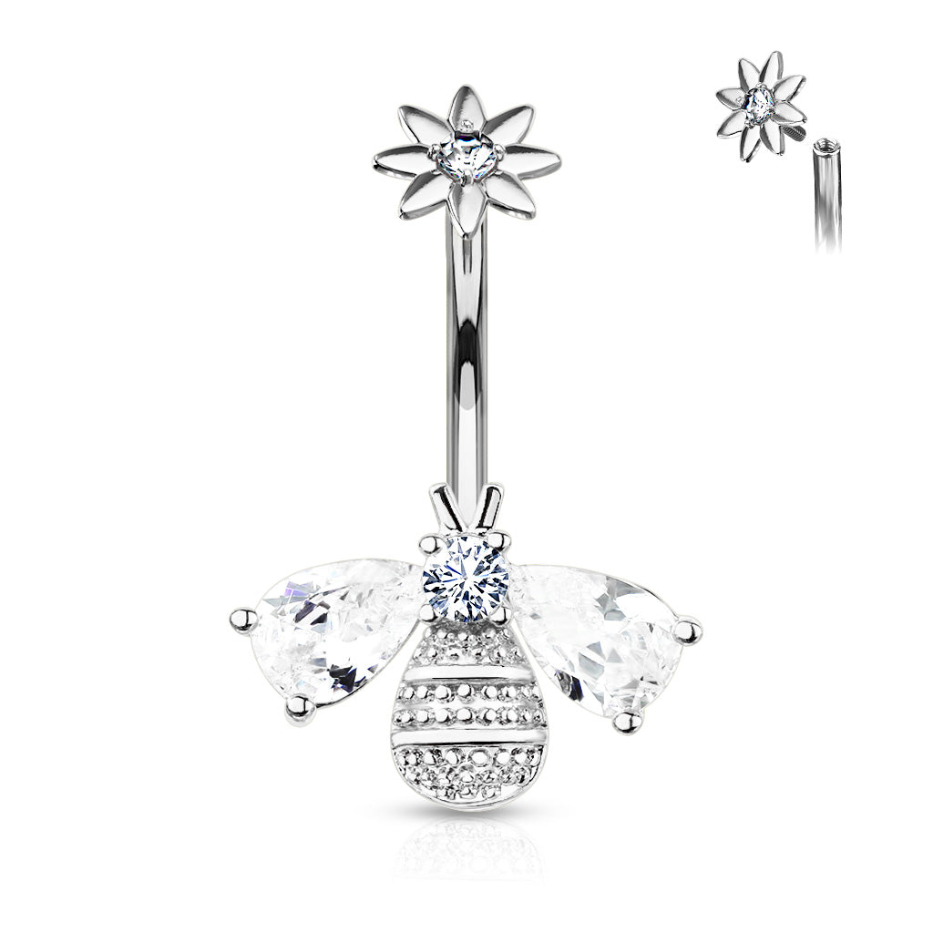 Surgical Steel Belly Bar Bee with CZ Wings